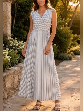 CALVIN KLEIN Grey & White Stripe Faux Wrap Style Dress, NWT, Sz. 16